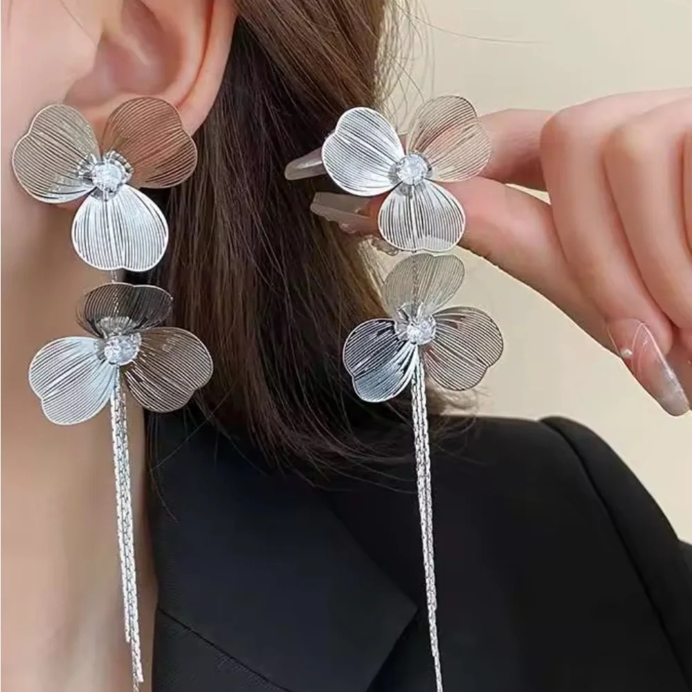 Cascading Silver Tassel & Crystal Rhinestone Dangle Statement Pierced Earrings